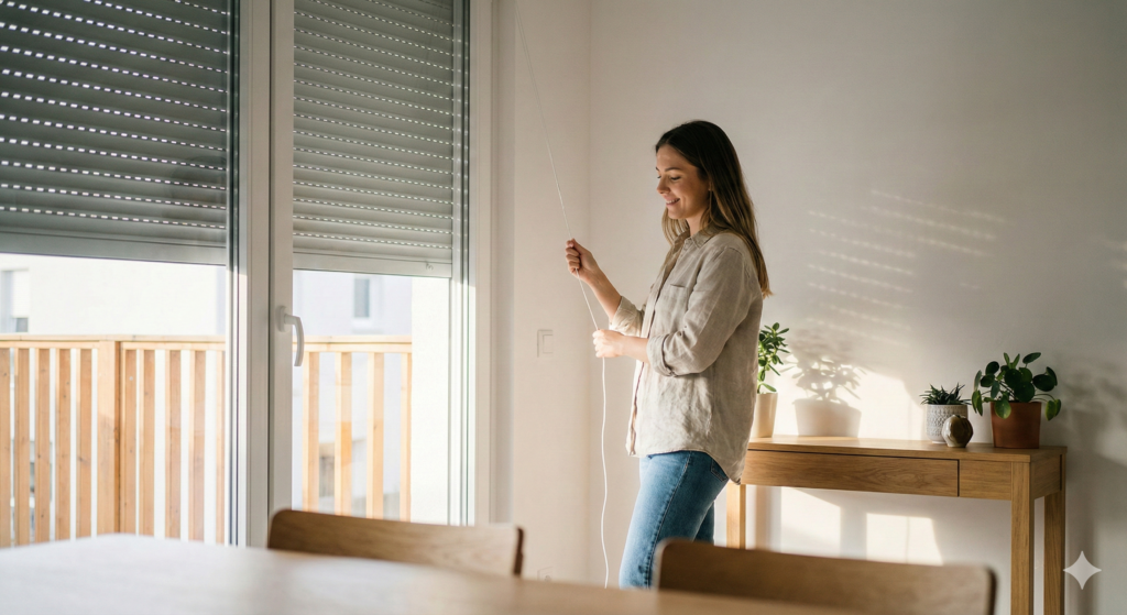 una mujer joven abriendo una ventana moderna con persiana enrollable.