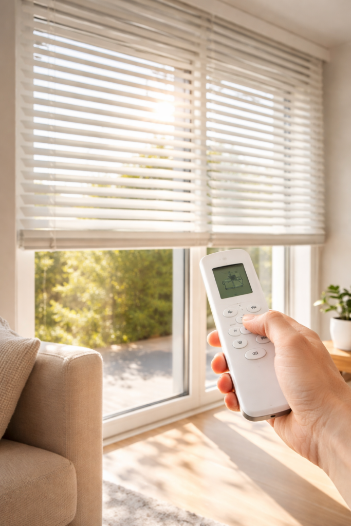 Cliente en Benidorm probando persiana automática tras reparación urgente con mando a distancia.